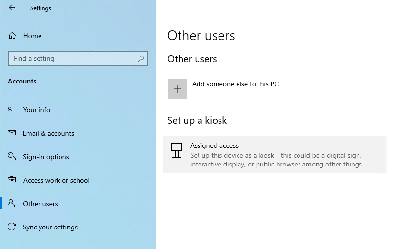 Windows Settings: Accounts > Other Users > Assigned Access