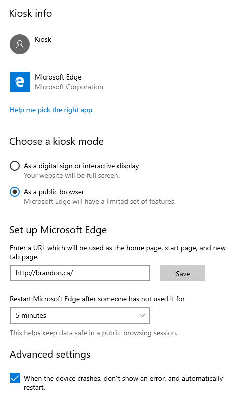 Kiosk Information configuration